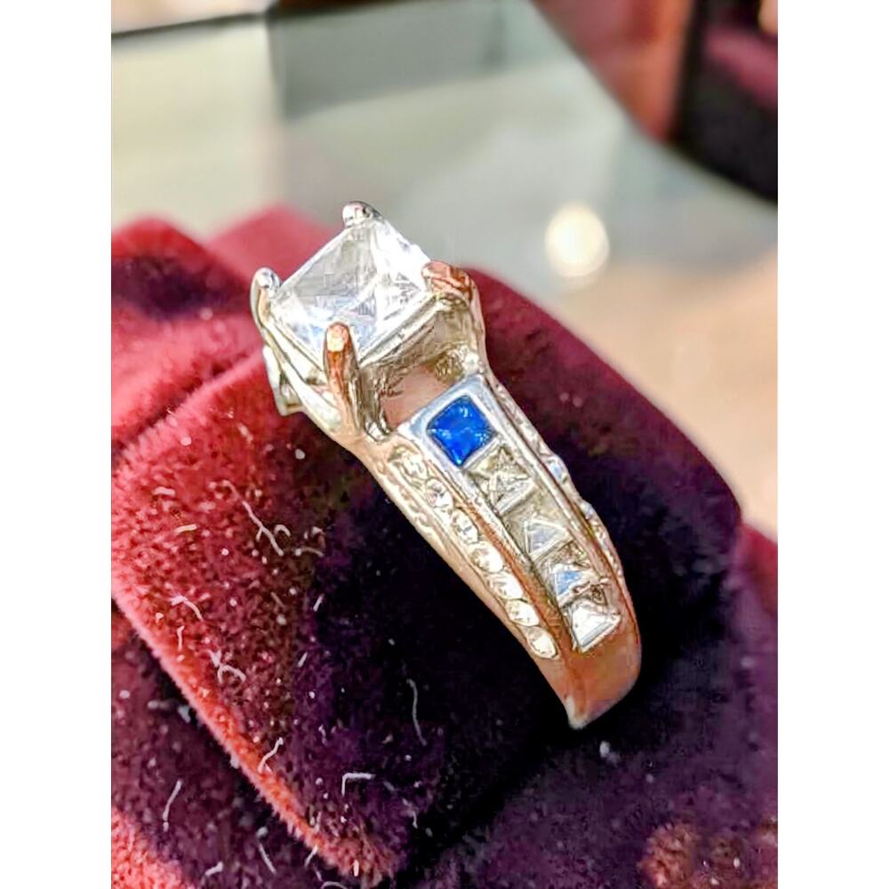 DESIGNER RP 925 STERLING SILVER LG PRINCESS CUT CZ & LAB CREATED SAPPHIRE RING 6